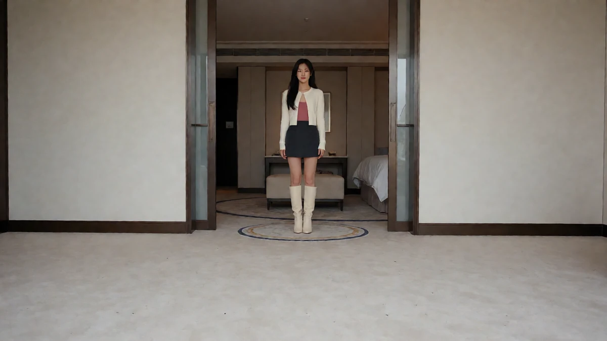 成年女性穿白色外套与黑色短裙,站在室内门廊