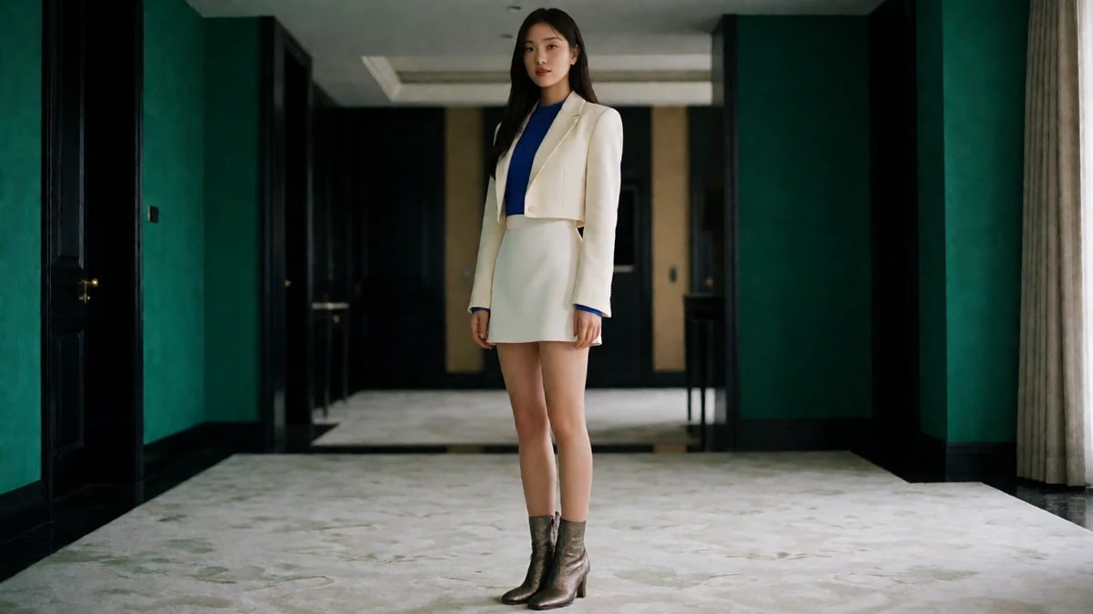 成年女性穿白色长外套与浅色短裙,站在深绿门厅