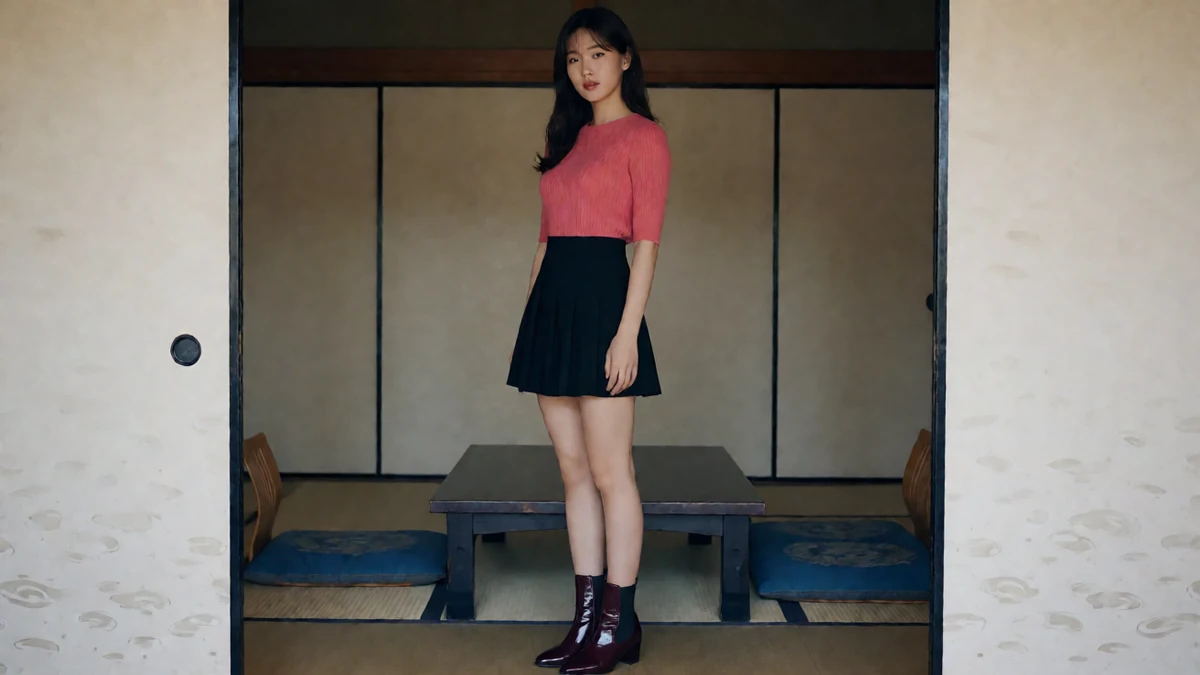 成年女性穿粉色上衣与黑色短裙,站在日式房间