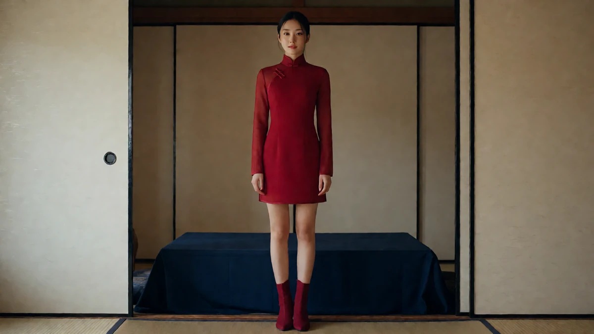 成年女性穿酒红连衣裙,站在深蓝床前